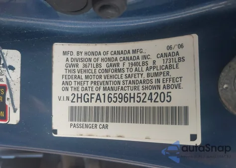 2006 Honda Civic Lx z USA, uszkodzony, nr VIN 2HGFA16596H524205